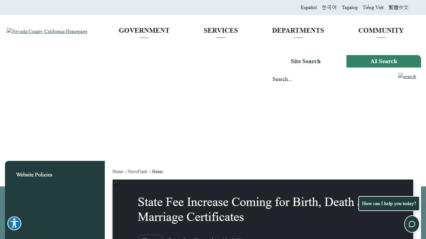 State Fee Increase Coming for Birth, Death and Marriage Certificates • Nevada County, CA